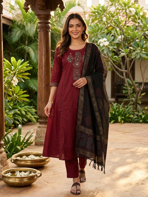 Maroon cotton Ajrakh mirror work Anarkali kurti set with black printed dupatta