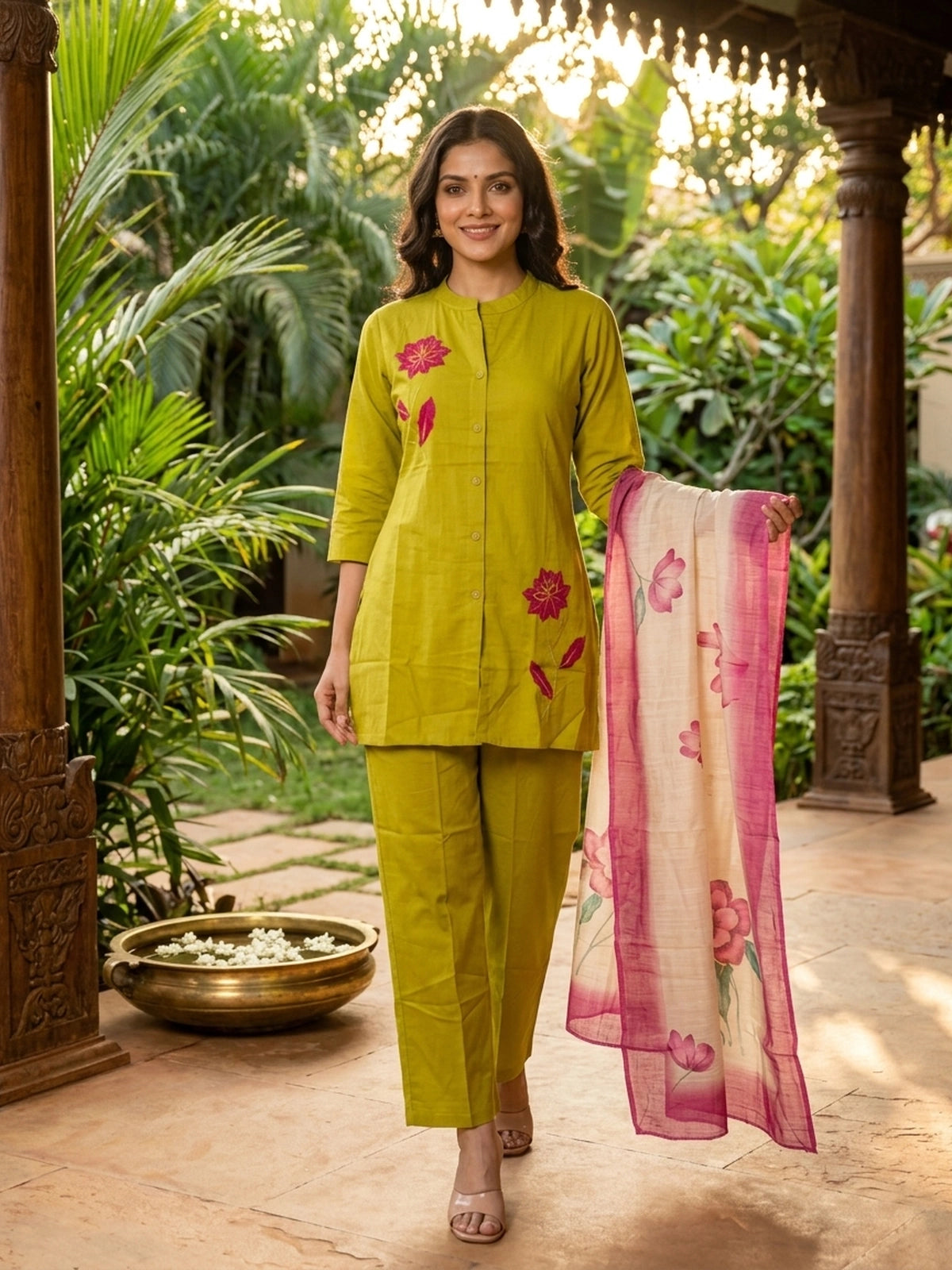 Lime green cotton co-ord kurti set with contrast pink floral embroidery and matching straight pants