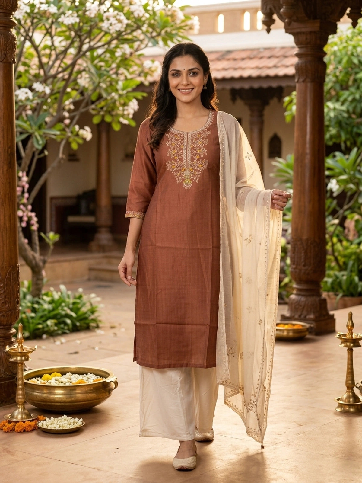 Rust brown embroidered cotton silk straight cut kurti top with floral neckline work