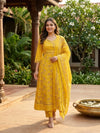 Mustard Yellow Floral Block Print Cotton Anarkali Kurti Set