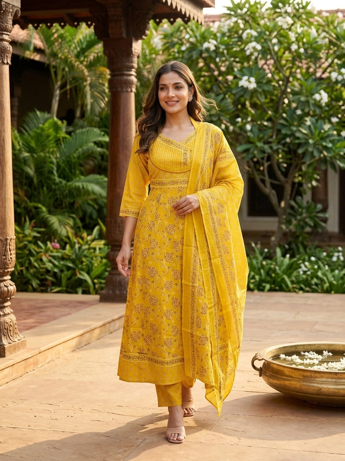 Mustard Yellow Floral Block Print Cotton Anarkali Kurti Set