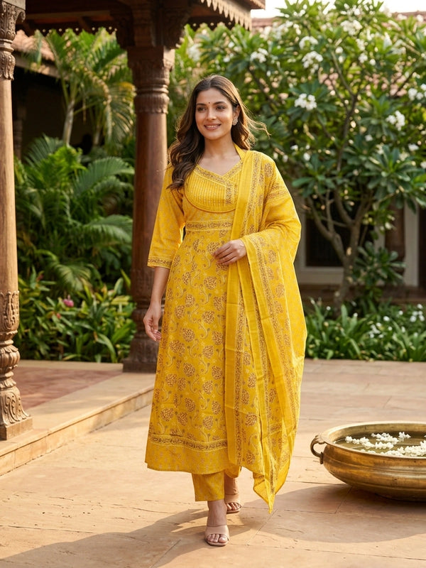 Mustard Yellow floral block print cotton Anarkali kurti set with dupatta