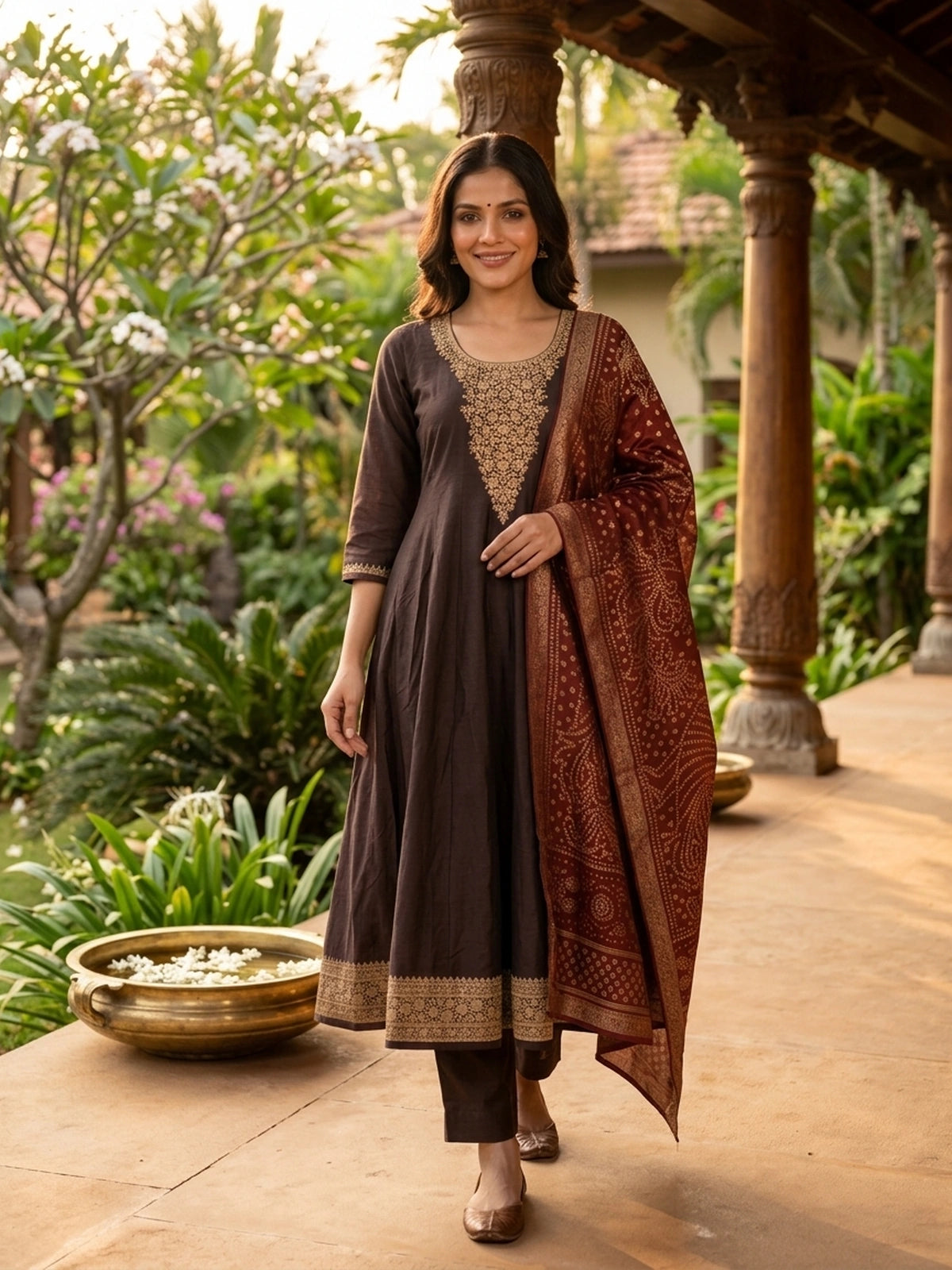 Dark Brown Zari Embroidered with Maroon Bandhani Dupatta Anarkali Kurti Set