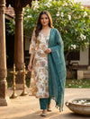 Off-White Floral Print with Teal Dupatta A-Line Anarkali Kurti Set