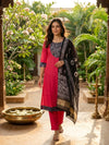 Red Cotton Batik Yoke Embroidered A-Line Anarkali Kurti Set