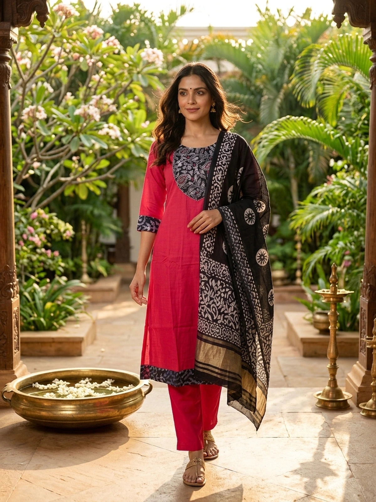 Red Cotton Batik Yoke Embroidered A-Line Anarkali Kurti Set