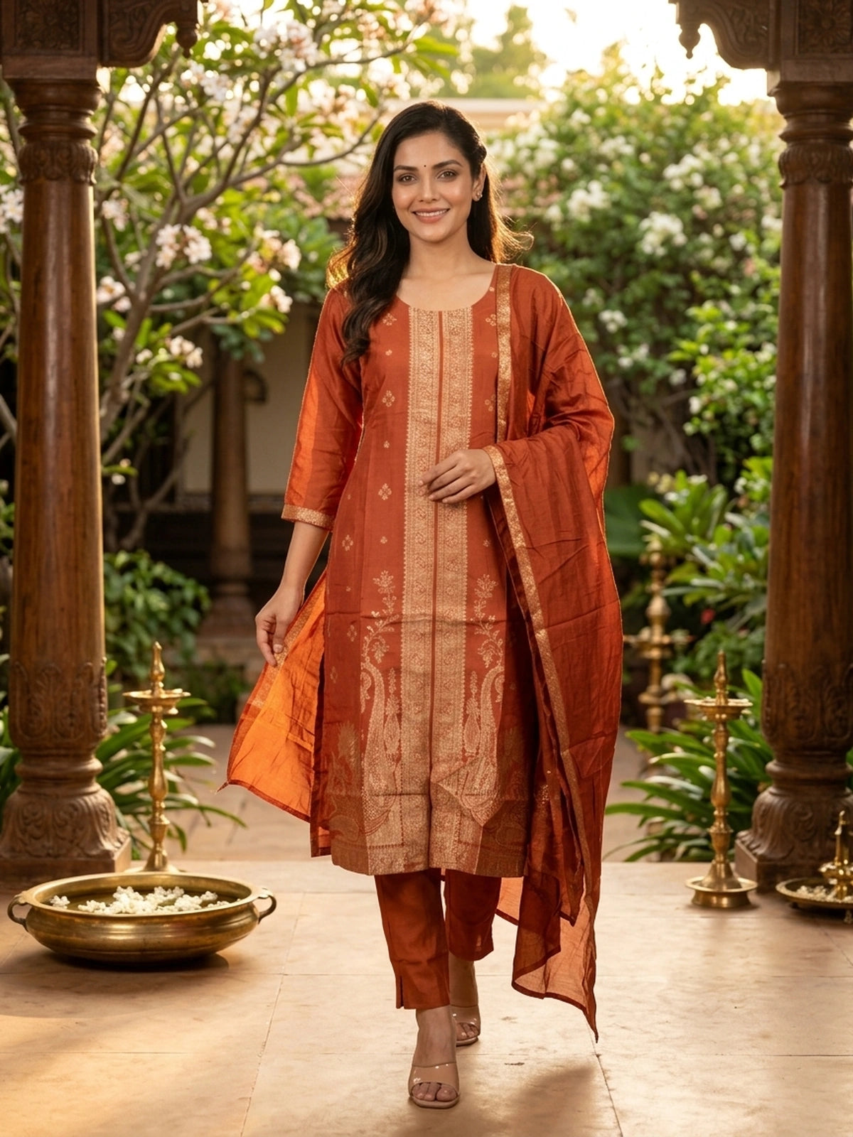 Rust Banarasi Silk Zari Woven Straight Cut Kurti Set