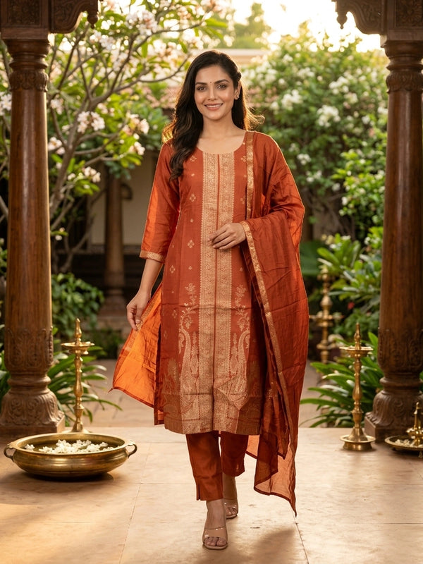 Rust Banarasi silk zari woven straight cut kurti set with matching pants and dupatta