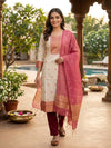 Cream Cotton Silk Zari Woven with Pink Dupatta Straight Cut Kurti Set