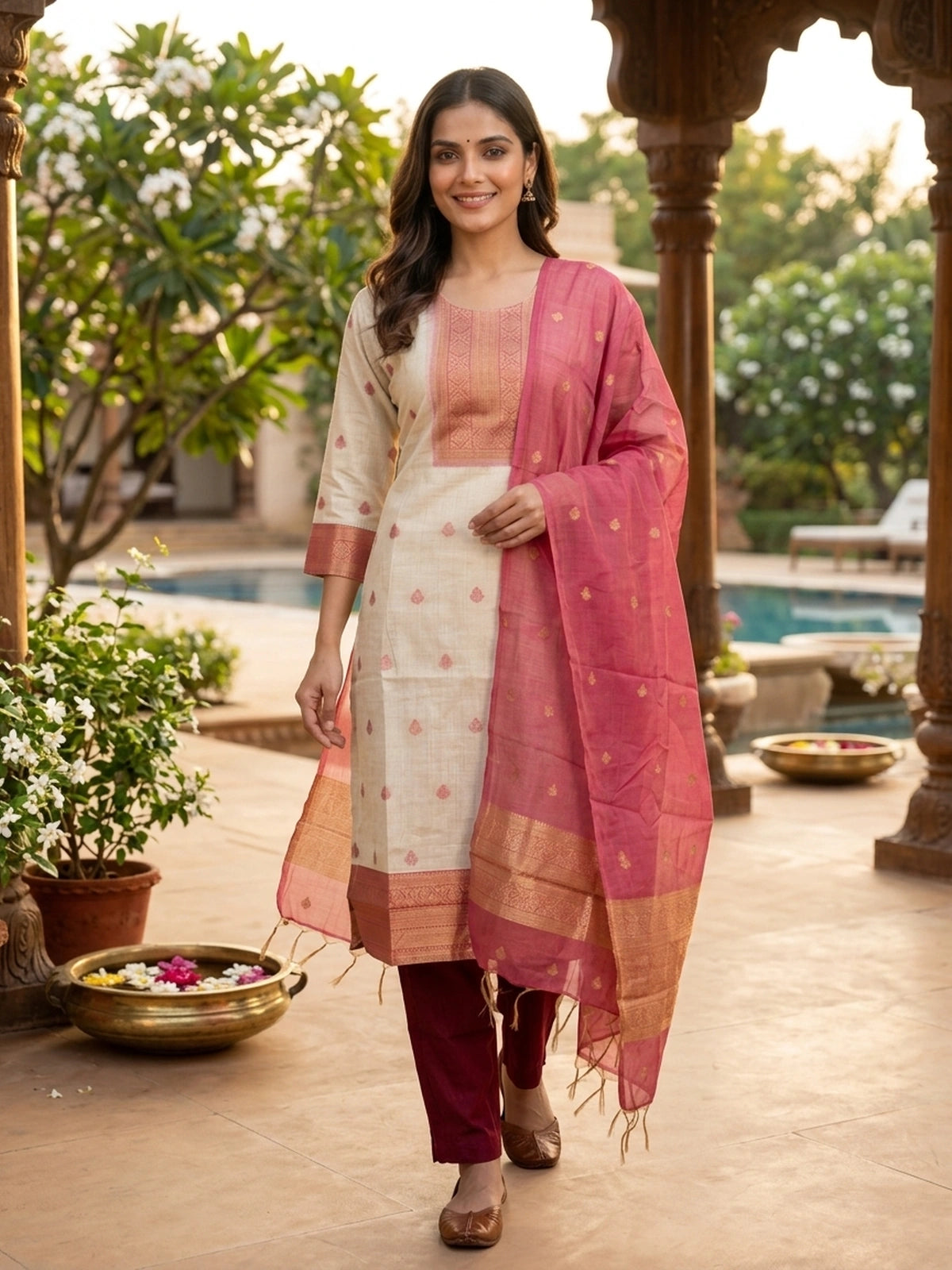Cream Cotton Silk Zari Woven with Pink Dupatta Straight Cut Kurti Set