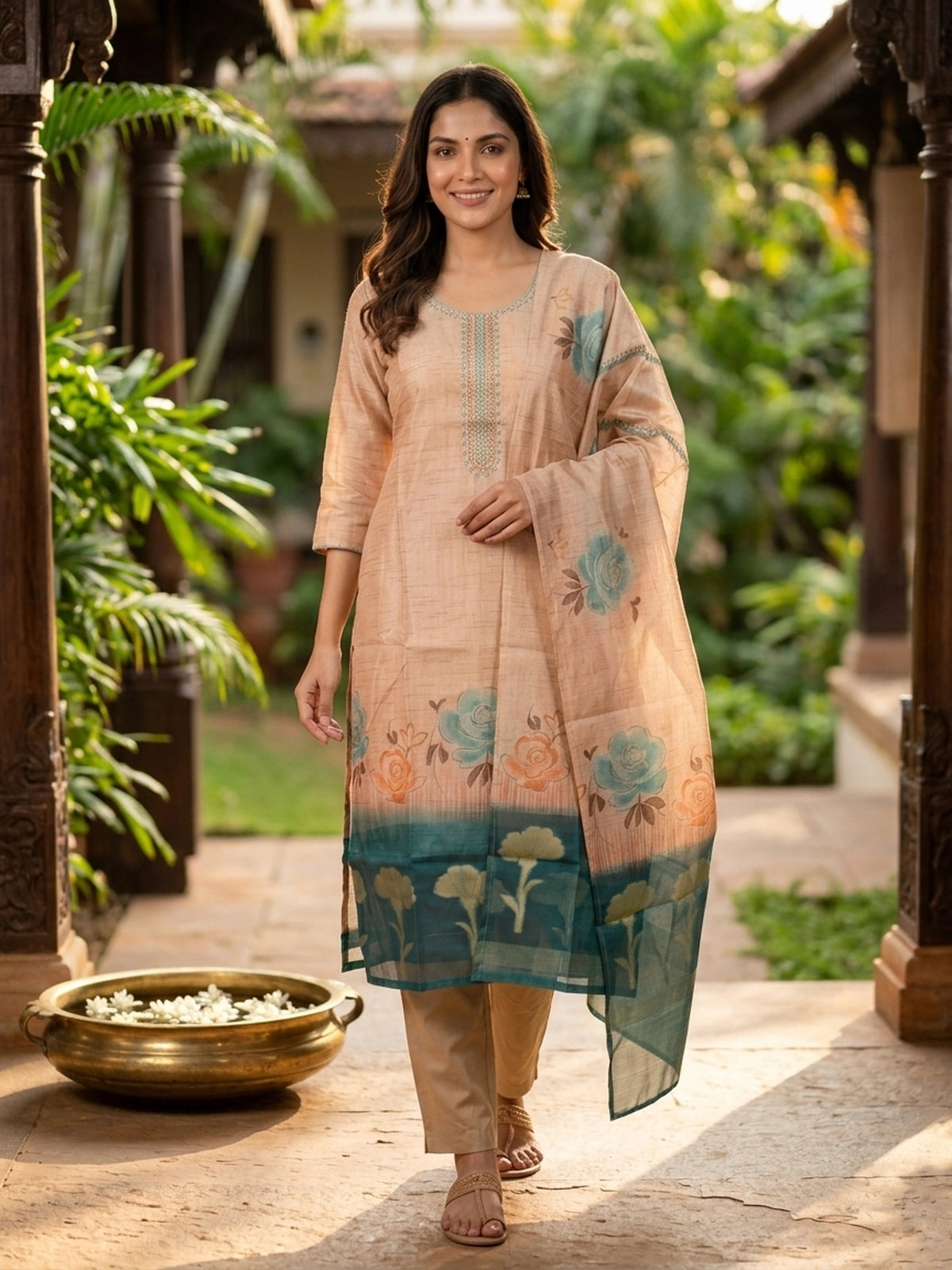 Beige floral raw silk straight cut kurti set with mirror work neckline, teal border and matching dupatta