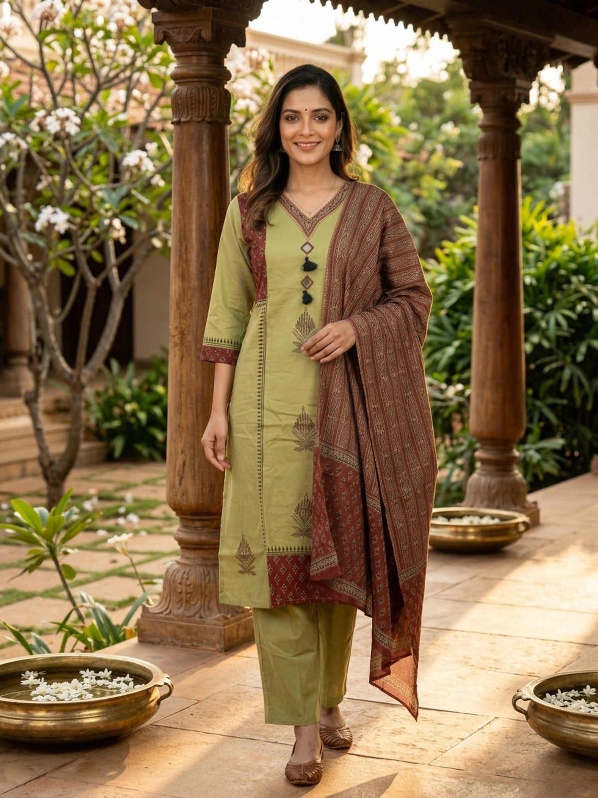 Olive green cotton Ajrakh print straight cut kurti set with mirror work and maroon dupatta