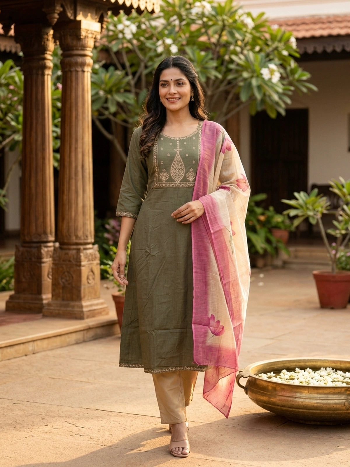 Olive Green Zari Embroidered Anarkali Top