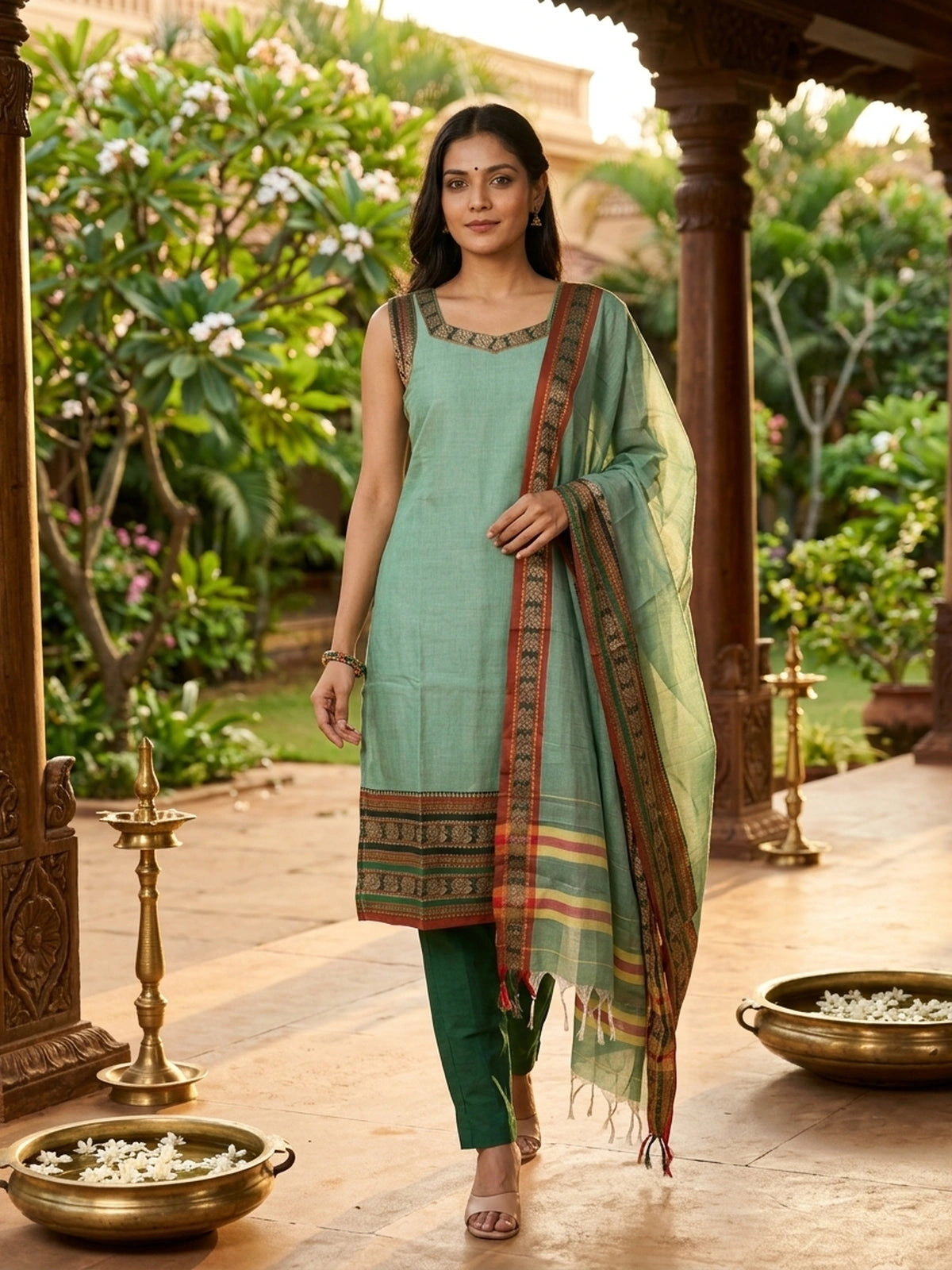 Sea Green Handloom Cotton Peacock Border Straight Cut Kurti Set