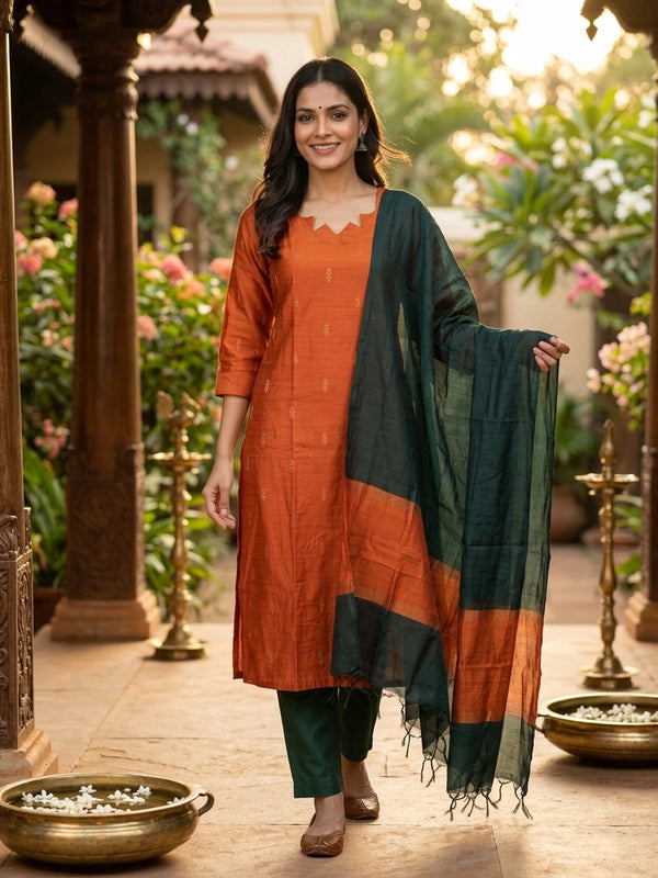 Rust orange zari butta silk blend straight cut kurti set with deep green pants and dupatta