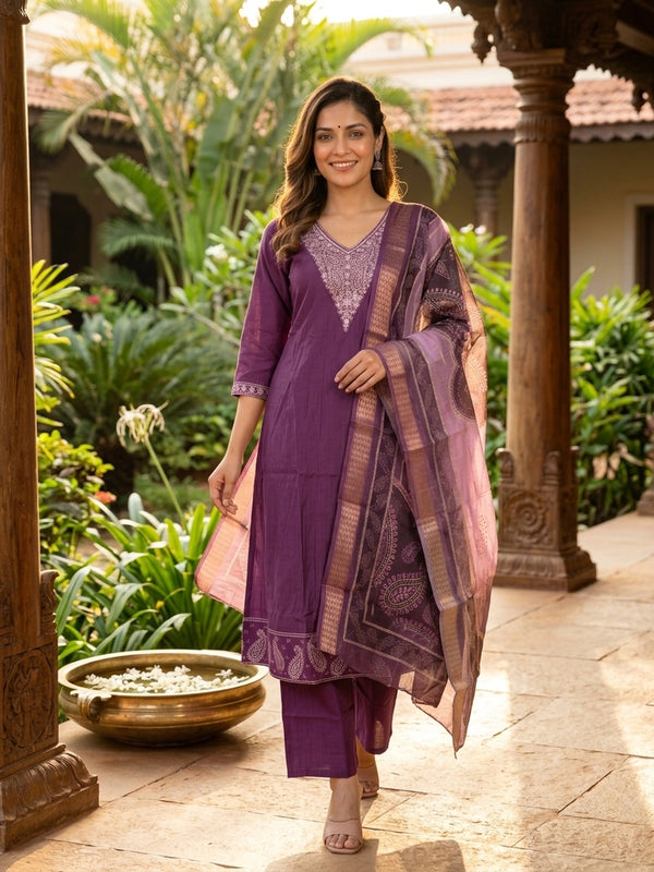 Purple embroidered cotton A-Line kurti set with pants and printed dupatta