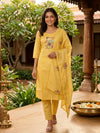 Yellow Kota Doria Beaded Floral Straight Cut Kurti Set