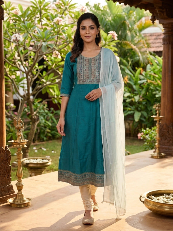 Teal embroidered art silk Anarkali kurti with gold zari yoke embroidery