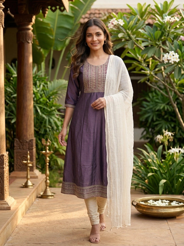Dusty Purple silk blend embroidered Anarkali kurti top with ornate yoke and hem border