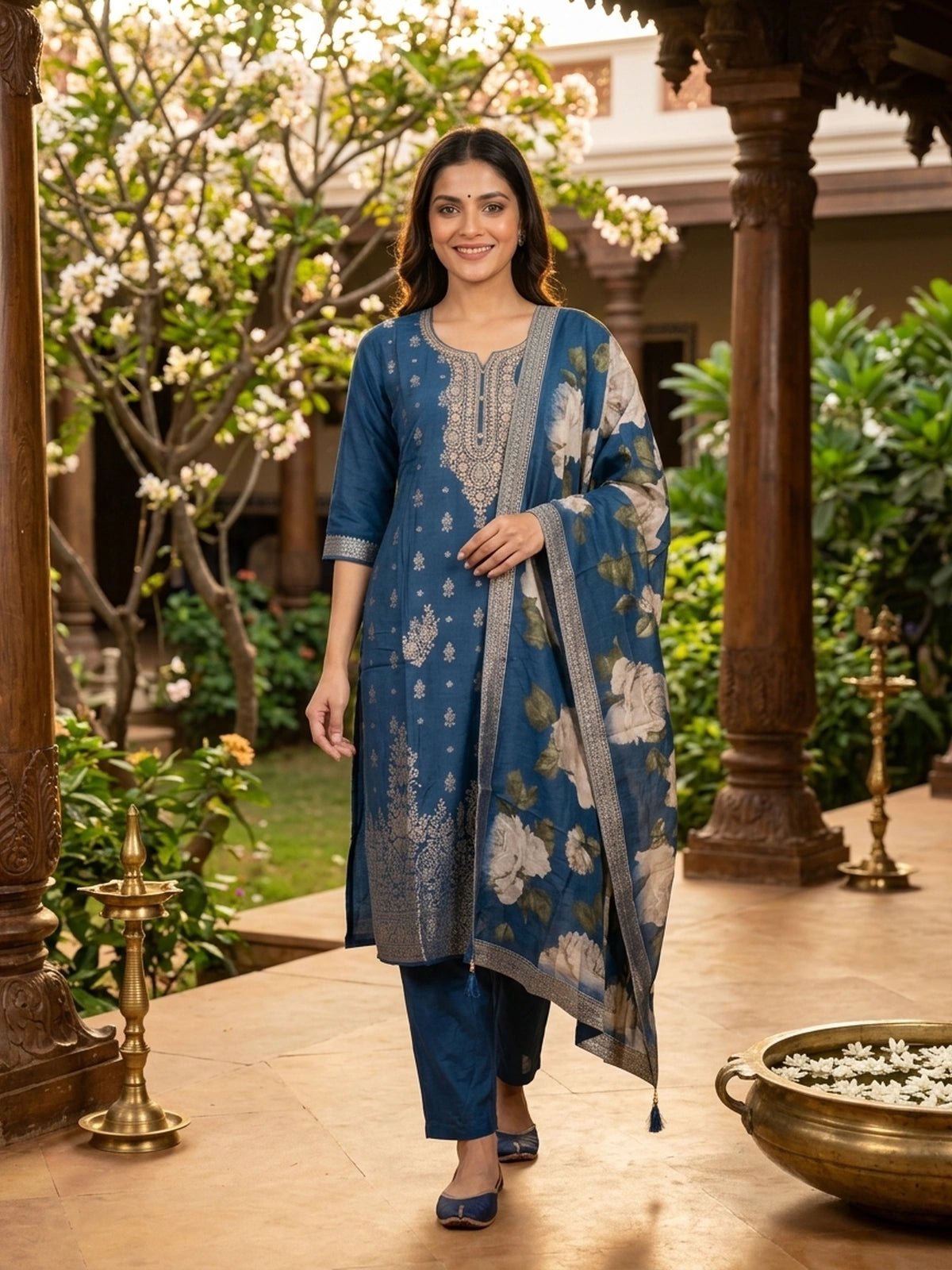 Peacock Blue Zari woven straight cut kurti set with embroidered neckline and floral printed dupatta