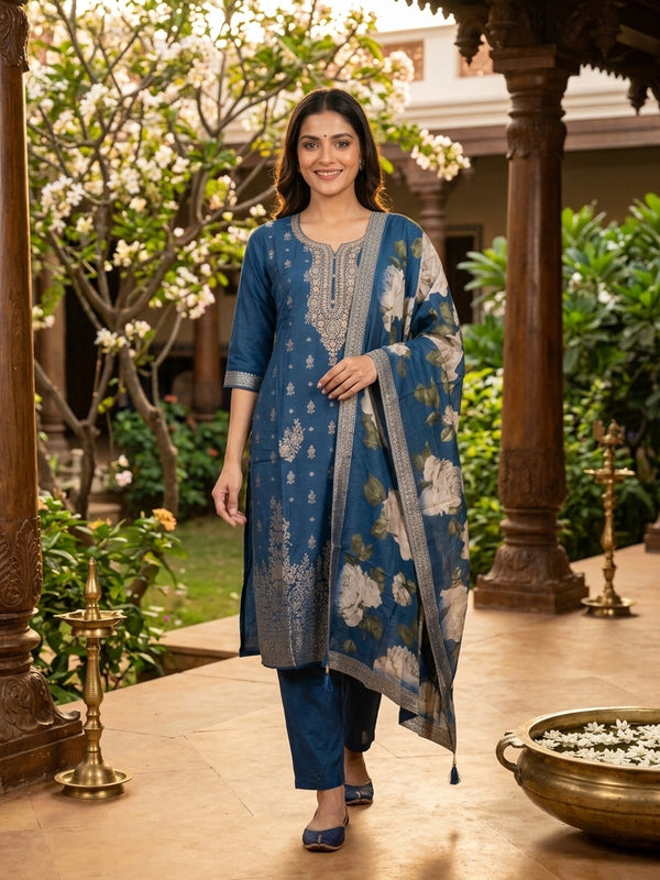 Peacock Blue Zari woven straight cut kurti set with embroidered neckline and floral printed dupatta