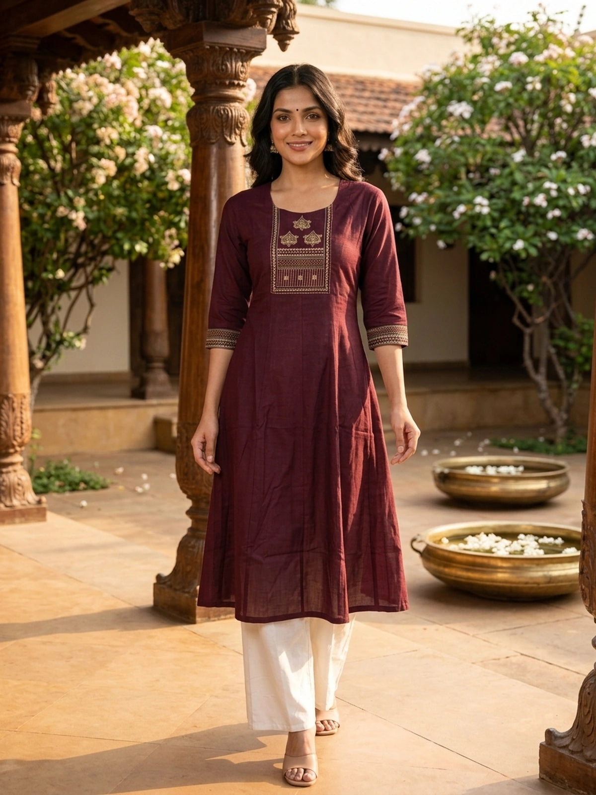 Wine cotton Anarkali kurti top with gold and teal zari embroidered yoke and 3/4 sleeves