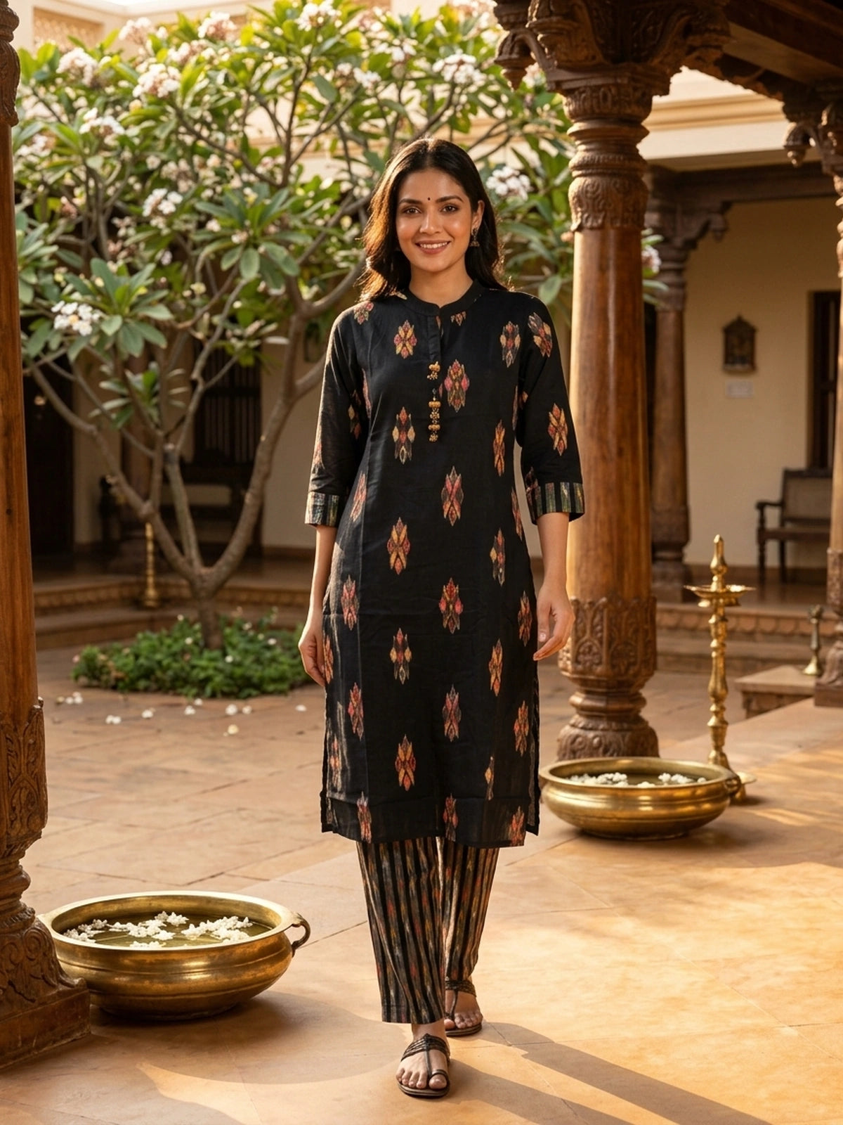Black ikat print cotton co-ord kurti set with mirror work and matching printed pants