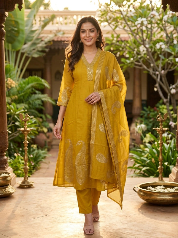 Mustard Yellow Chanderi Silk paisley embroidered Anarkali kurti set with dupatta