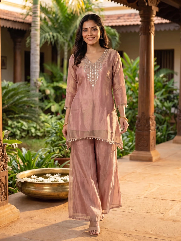 Dusty rose tissue silk co-ord set with embellished V-neck kurti and flared palazzo pants