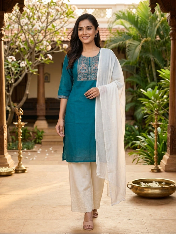 Teal Blue cotton Anarkali kurti top with copper and cream floral embroidered yoke