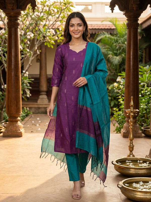Purple art silk straight cut kurti set with gold zari buti motifs and teal dupatta