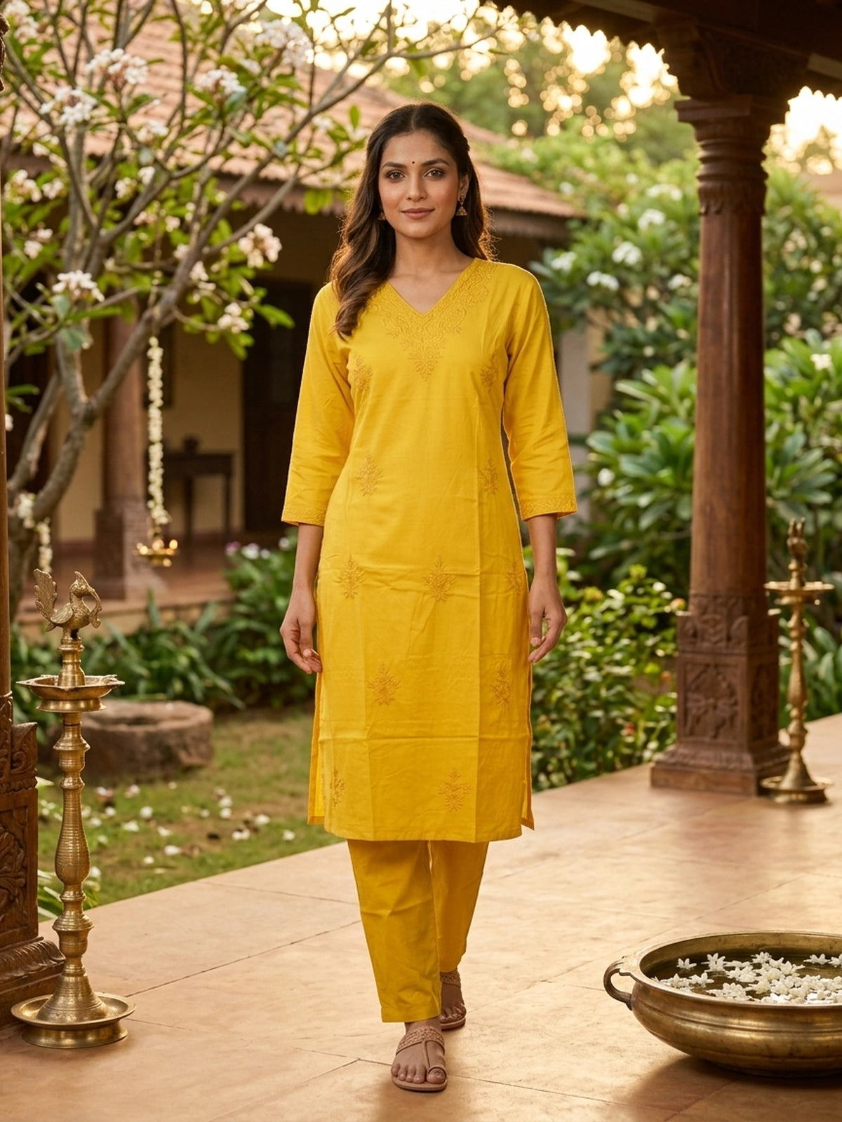 Yellow cotton chikankari embroidered straight cut kurti set with matching pants