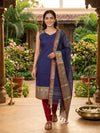 Navy Blue Cotton Zari Border Straight Cut Kurti Set