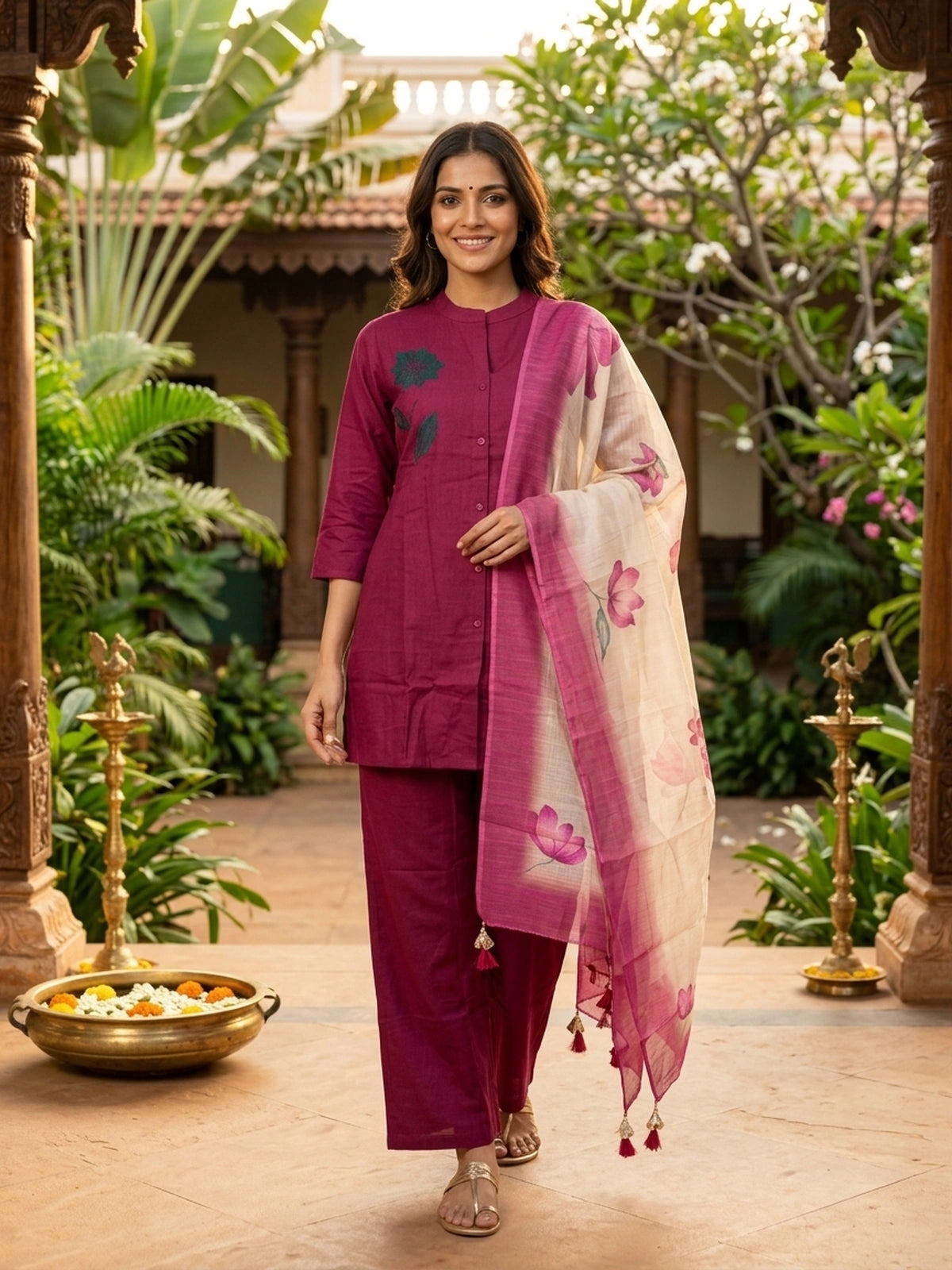 Wine cotton co-ord kurti set with green floral applique and matching straight pants