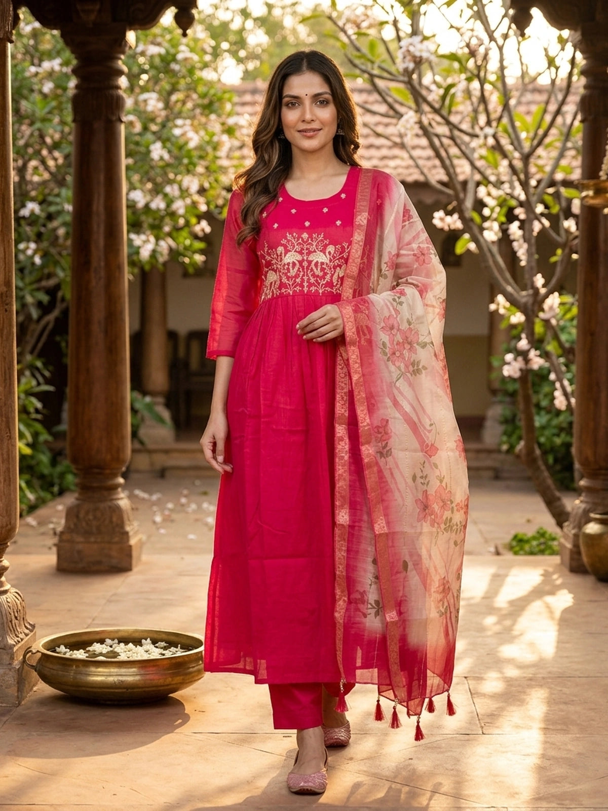 Rani Pink flamingo embroidered Chanderi silk Anarkali kurti set with floral printed dupatta