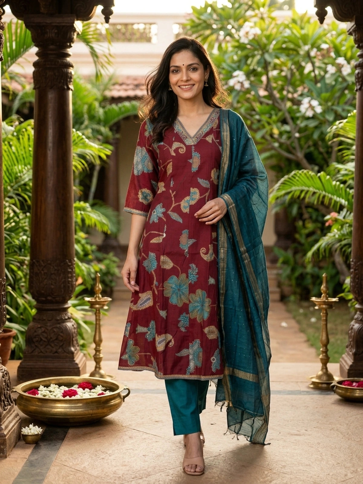 Maroon floral printed A-line kurti set with teal pants and dupatta