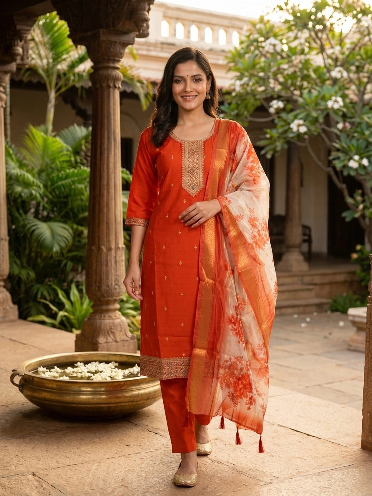 Orange silk blend zari embroidered straight cut kurti set with floral dupatta