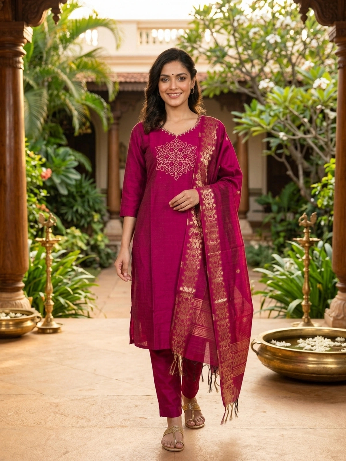 Rani Pink art silk zari embroidered straight cut kurti set with matching pants and gold-bordered dupatta