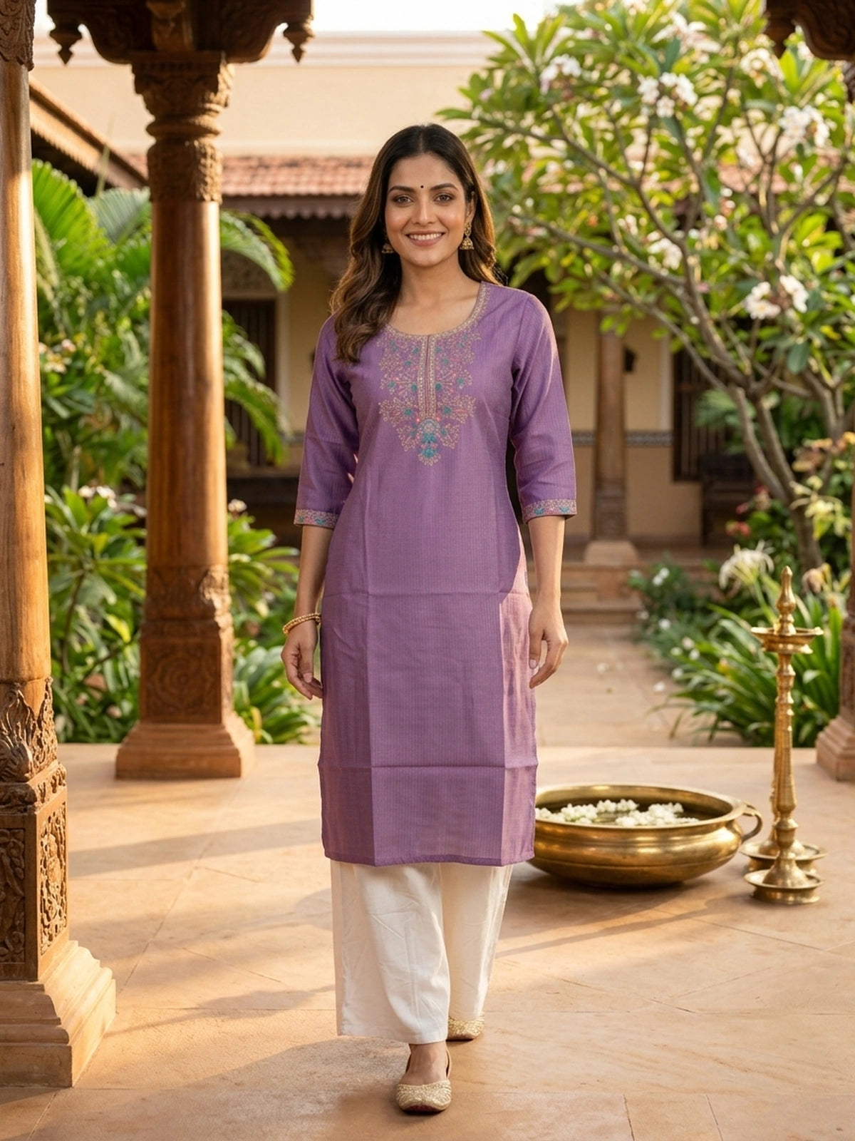 Lavender embroidered textured straight cut kurti top with zari and mirror work neckline