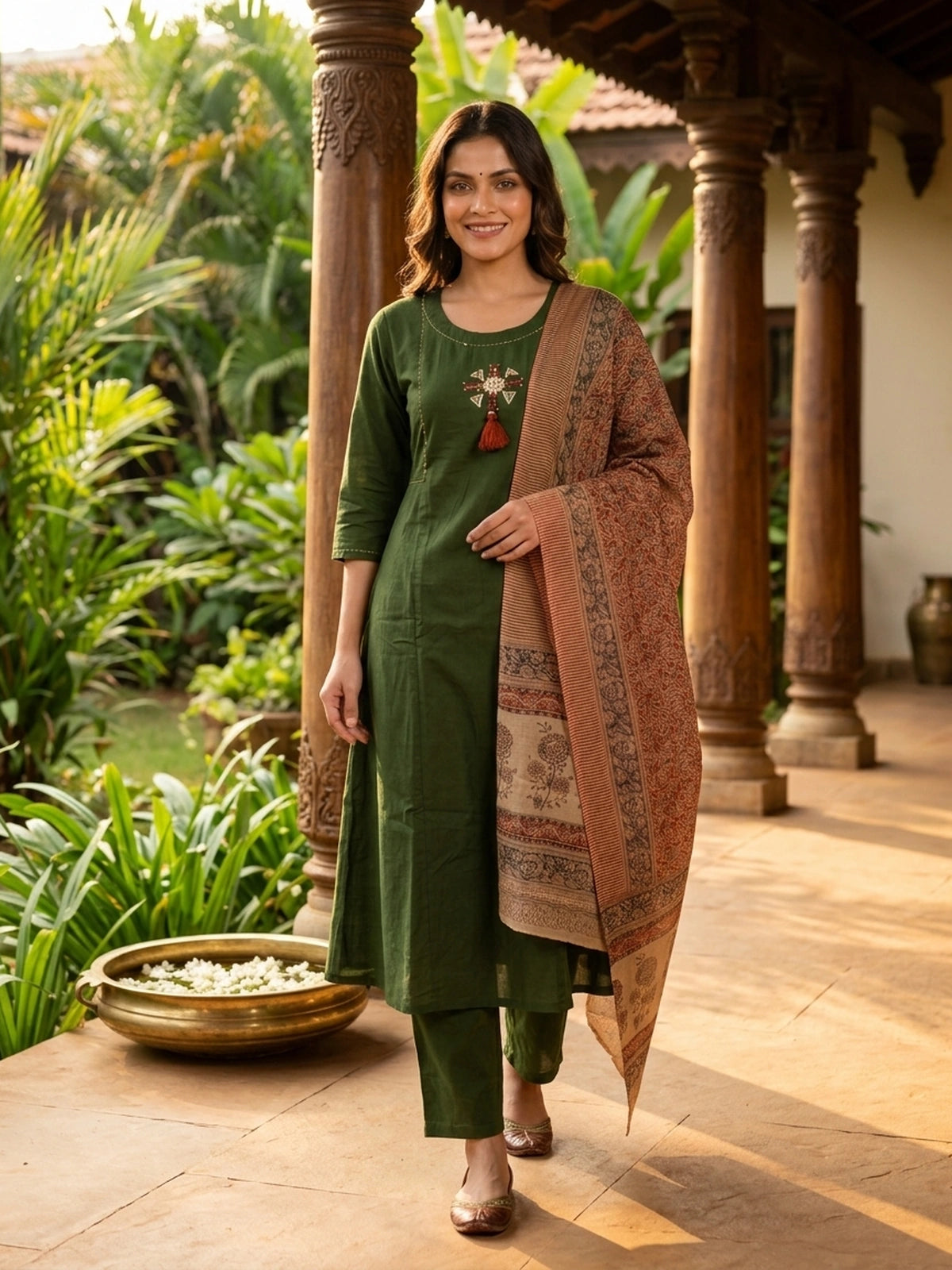 Mehendi green cotton mirror work Anarkali kurti set with rust printed dupatta and matching pants