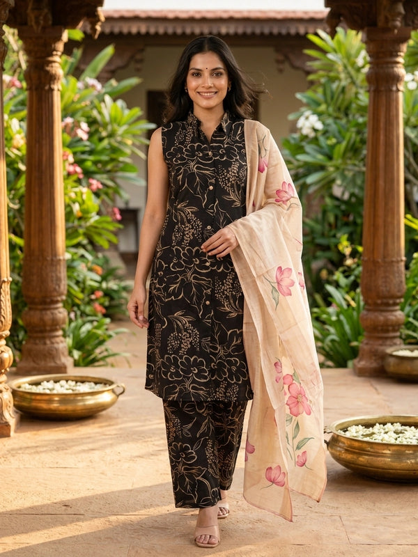 Black and gold floral printed sleeveless cotton co-ord kurti set with matching palazzo pants