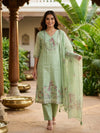 Sage Green Bird Print Kota Cotton Straight Cut Kurti Set