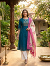 Teal Blue Cotton Embroidered Anarkali Top