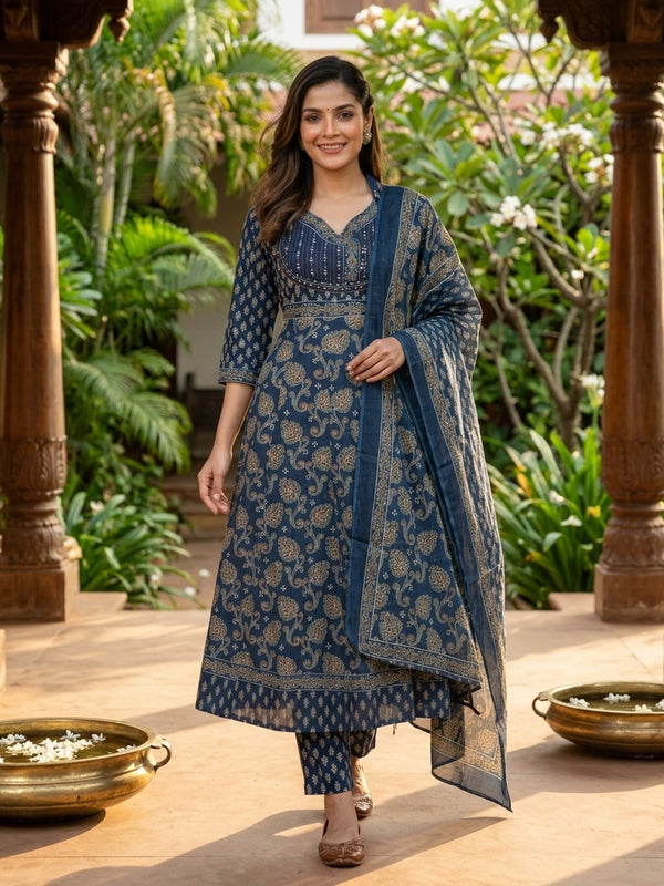 Indigo Blue Ajrakh print cotton embroidered Anarkali kurti set with matching pants and dupatta