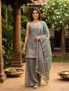 Grey Tissue Silk Peacock Embroidered Straight Cut Kurti Set
