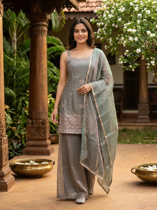 Grey tissue silk peacock embroidered straight cut kurti set with palazzo pants and shimmer dupatta