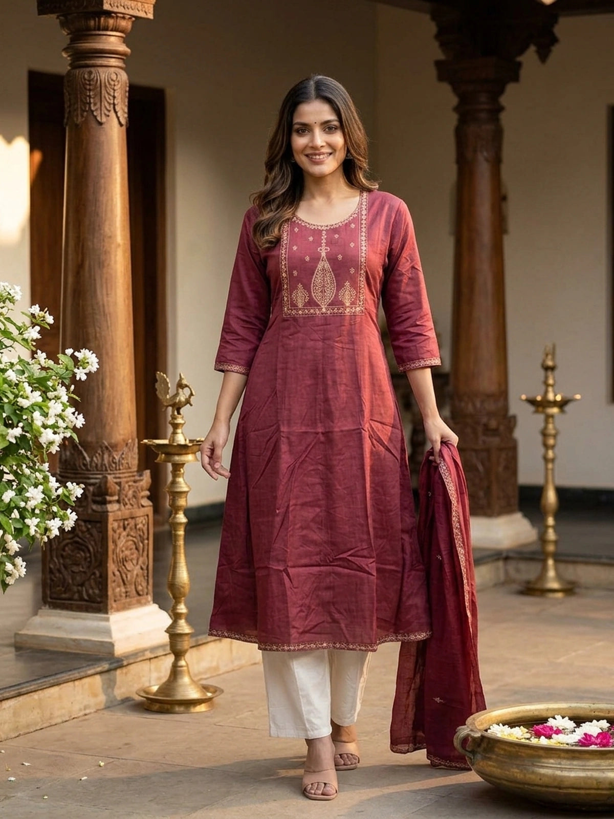 Maroon zari embroidered cotton Anarkali kurti top with gold paisley yoke