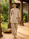 Beige Cotton Purple Floral Embroidered Co-ord Set Kurti Set