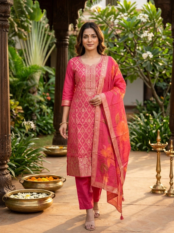 Rani Pink Banarasi silk zari woven straight cut kurti set with floral print dupatta