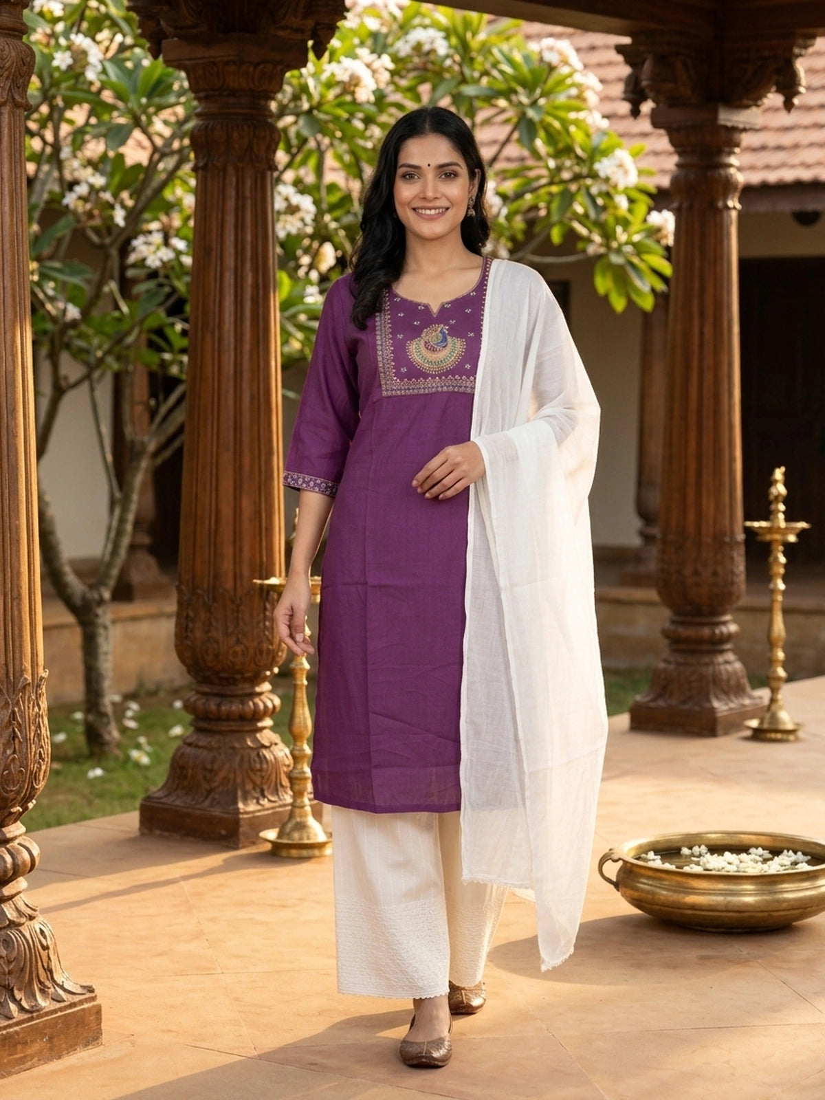 Purple Peacock Embroidered Anarkali Top